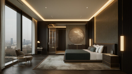 Wall Mural - Luxurious Modern Bedroom Suite: A sophisticated bedroom with a king-size bed, floor-to-ceiling windows offering stunning city views, and dark, elegant interior design.