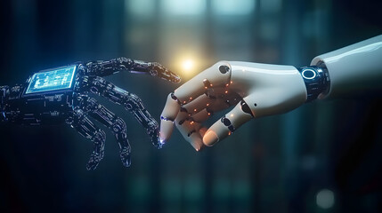 Wall Mural - a human hand and a robotic hand touch fingertips, symbolizing the growing collaboration between huma
