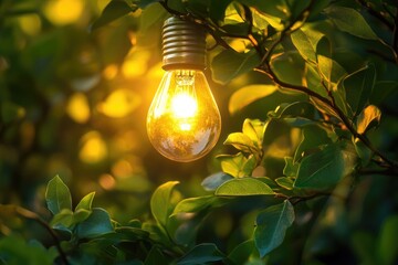 Wall Mural - A light bulb hangs from a tree branch in nature