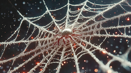 Spider on a glistening web, with a dark backdrop and orange orbs illuminating the scene