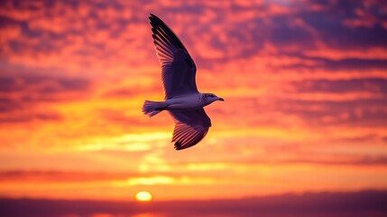 Poster - A seagull soars in front of a beautiful sunset