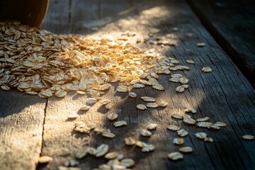 Wall Mural - oats scattered across a rustic wooden table bathed in soft morning light