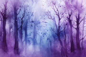 Wall Mural - a mystical forest of watercolor trees in misty purples and blues ethereal branches reaching skyward delicate paint splatters creating depth and atmosphere