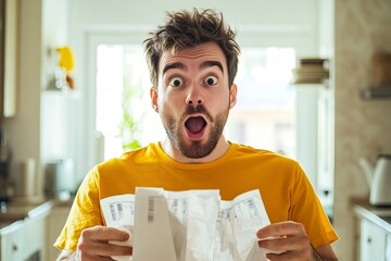 Wall Mural - Portrait of a surprised man holding a grocery shopping bag and an empty white bill or receipt in a home kitchen. This stock photo won a contest, with a yellow t-shirt, natural lighting, and a raw,