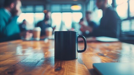 Coffee cup on desk with blurred businesspeople engaged in team discussion during break