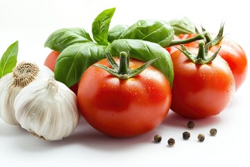 Wall Mural - Fresh tomatoes arranged with garlic and basil on a white surface