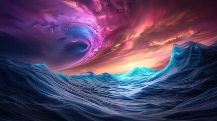 Wall Mural - Surreal ocean waves under cosmic sky natural landscape digital art vibrant colors atmospheric perspective dreamlike concept