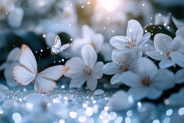 Wall Mural - Delicate white flowers surrounded by a colorful butterfly