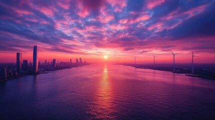 Wall Mural - Vibrant sunset over a city skyline with wind turbines along the waterfront, reflecting colorful clouds