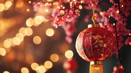 Wall Mural - A lone red lantern hangs from a tree branch, surrounded by warm and cozy lights in the background