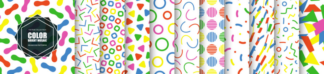 Aufkleber - Collection of vector seamless colorful patterns. Bright repeatable fun backgrounds. Vibrant mosaic textures. Trendy children prints. Simple unusual design