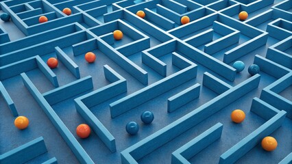 Blue Maze with Orange and Blue Spheres 3D Render, Problem Solving, Abstract Concept, Maze Puzzle Maze, 3D rendering, Abstract