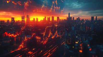 Futuristic cityscape at sunset with superimposed stock market data.