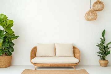 Poster - Cozy modern living room with a rattan sofa, indoor plants, and natural decor elements creating a serene atmosphere Interior design, minimalism, tranquility, greenery, comfort