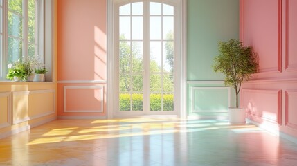 Poster - Sunny pastel room interior with French doors, plants, and sunlight.