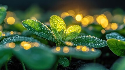 Wall Mural - Dew-covered seedlings illuminated by warm sunset light.