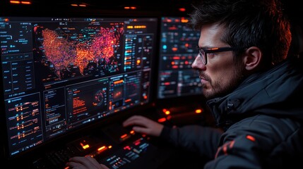 Focused programmer analyzing data on multiple monitors in a dark room.