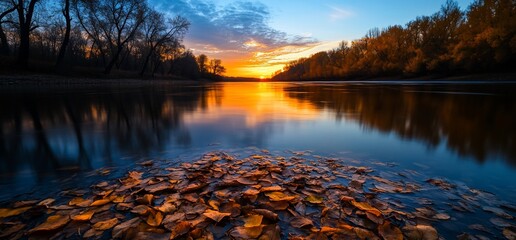 Wall Mural - Golden hour serenity, Autumn leaves reflecting in tranquil river