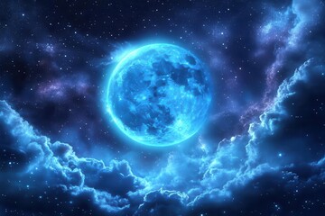 Wall Mural - celestial nightscape featuring luminous blue moon surrounded by twinkling stars wispy clouds and cos