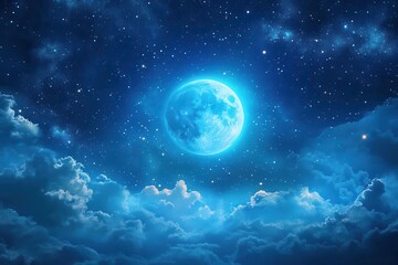 Wall Mural - celestial nightscape featuring luminous blue moon surrounded by twinkling stars wispy clouds and cos
