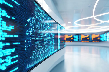 Wall Mural - modern studio with large digital screens displaying data and graphs