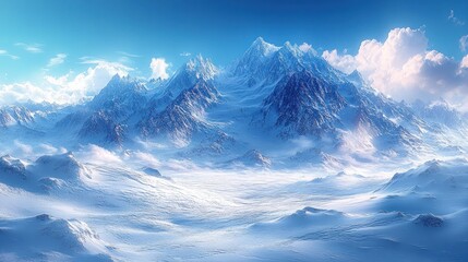 Wall Mural - majestic snow-capped mountains in a vast, serene winter landscape under a bright blue sky.