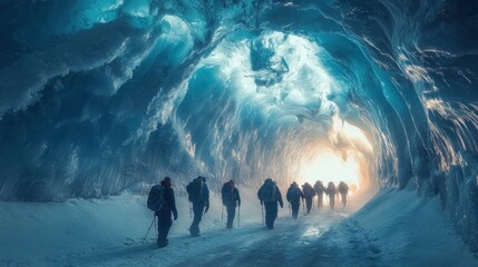 Wall Mural - hikers trek through a stunning icy cave tunnel towards a bright light.