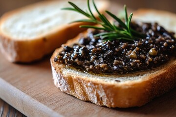 Wall Mural - olive tapenade spread over crusty french bread, highlighted by a sprig of rosemary on top