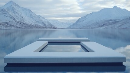 Wall Mural - minimalist snow-covered platform on a calm, reflective winter lake with majestic mountains in the ba