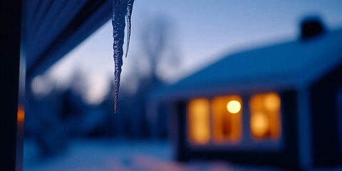 Canvas Print - Serene winter night, An icicle hangs before a warmly lit cozy home