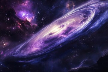 deep space vista featuring a massive nebula in swirling purples and blues with distant galaxies and 
