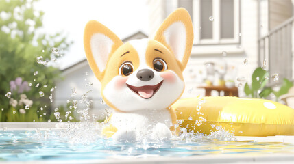 Wall Mural -  corgi splashing pool