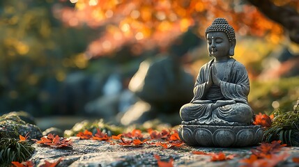 Canvas Print - Serene Buddha statue in autumn garden, peaceful waterfall backdrop, meditation