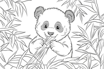 Wall Mural - Outline of a cute panda eating bamboo.