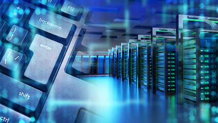 Server equipment. Keyboard for data center control. Server premises for hosting company. Data center with no one. Information storage technologies. Server tech. Room with telecommunications equipment