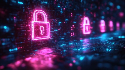 A digital representation of padlock icons in neon colors, symbolizing cybersecurity.