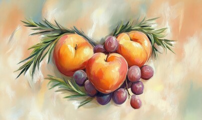 Wall Mural - A vibrant still life of peaches and grapes surrounded by green leaves against a soft background