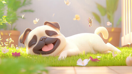 Wall Mural -  pug lying grass