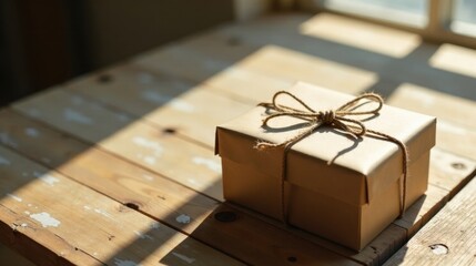 Poster - A sunlit rustic wooden table displays a simple, elegantly wrapped gift box tied with twine
