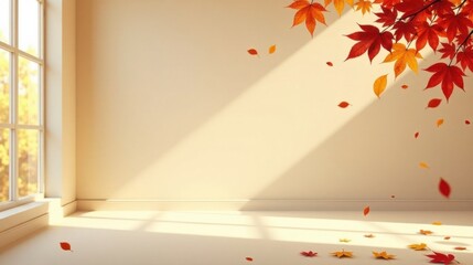 Poster - Autumnal Room with Sunlight and Falling Leaves An Empty Space Ready for Design