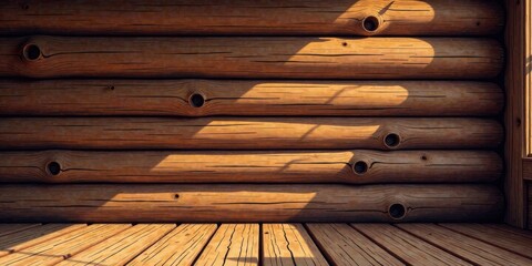 Aufkleber - Sunlit Rustic Wooden Cabin Interior with Natural Light and Shadow Patterns on the Walls and Floor