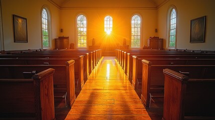 Church sunrise aisle pews autumn