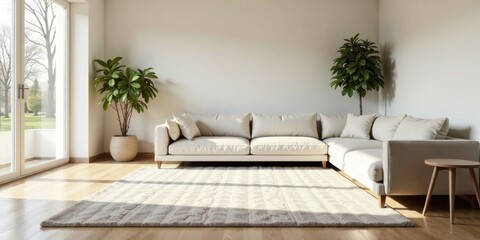 Poster - Modern Minimalist Living Room Interior Design with Neutral Color Palette and Natural Light Featuring a Sectional Sofa, Area Rug, and Potted Plants