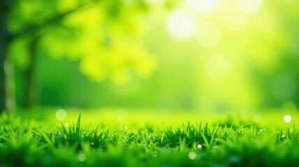 Poster - Vibrant Green Grass Close-up with a Soft Focus Background of Lush Foliage and Sunlight