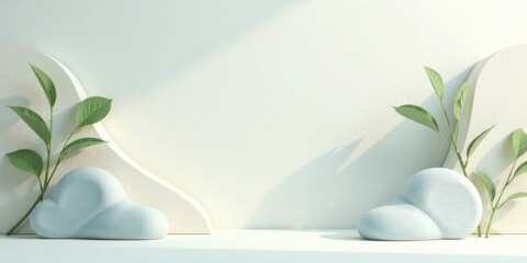 Poster - Serene Minimalist Still Life Featuring Soft Blue Cloud Forms and Lush Greenery Against a White Backdrop