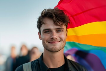 Wall Mural - a portrait of a man, full of happiness, waving a rainbow flag at a pride event.
