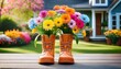 © Curtis - colorful flowers sprout from vibrant boots welcoming spring on a lovely porch