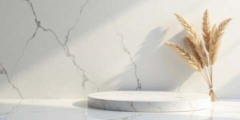 Poster - Elegant Marble Display Platform with Dried Floral Arrangement in Sunlit Setting