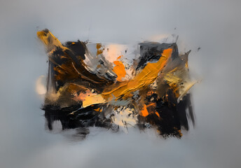 Poster - Abstract artwork featuring bold strokes of black, yellow, and white paint create a dynamic and textured composition.  The colors blend and contrast, forming an intriguing visual experience on a light 