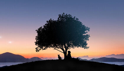 Wall Mural - a boy with a cat watching the stars in night sky, fantasy landscape